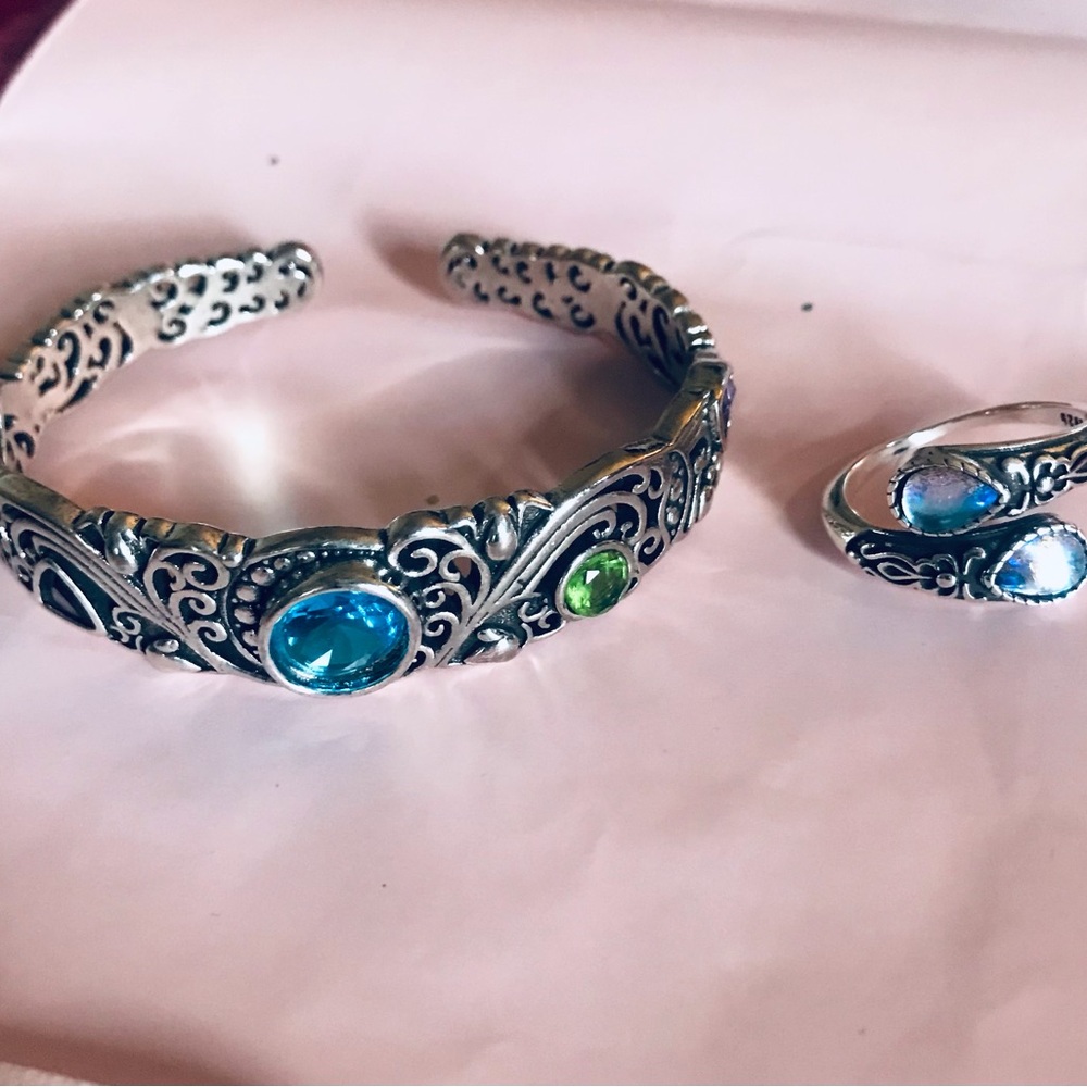 Sterling-Style Blue and Green Gemstone Cuff Bracelet - Women Jewelry